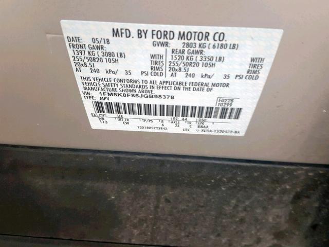 1FM5K8F85JGB98378 - 2018 FORD EXPLORER L SILVER photo 10