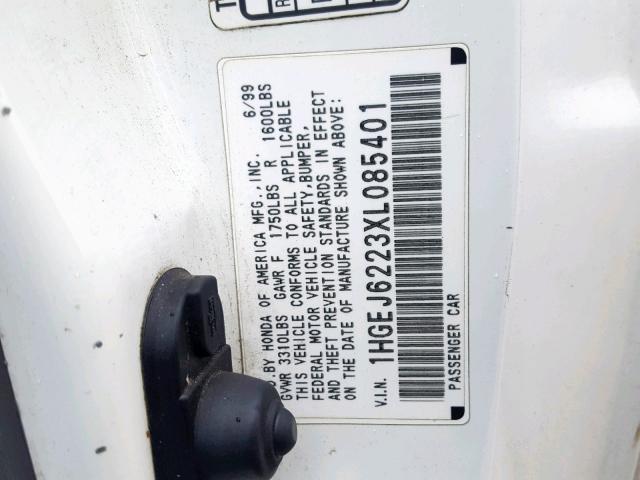 1HGEJ6223XL085401 - 1999 HONDA CIVIC DX WHITE photo 10