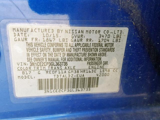 3N1CE2CP3GL363735 - 2016 NISSAN VERSA NOTE BLUE photo 10