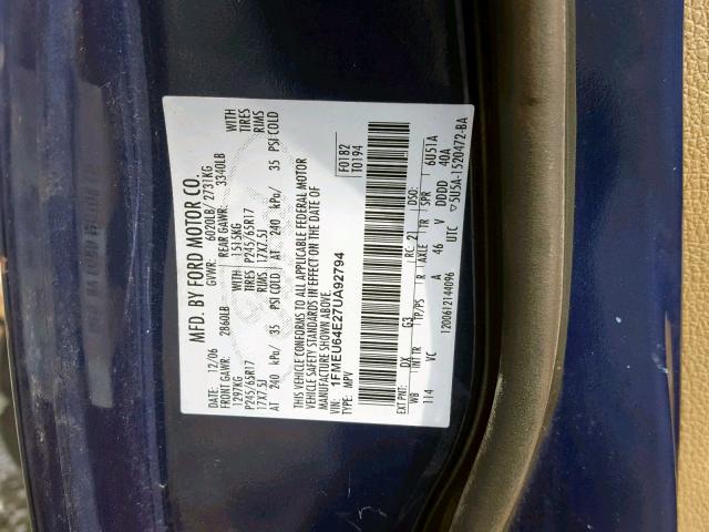 1FMEU64E27UA92794 - 2007 FORD EXPLORER E BLUE photo 10