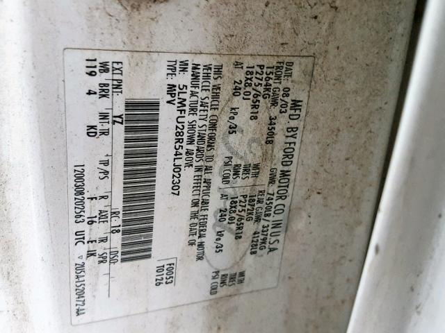 5LMFU28R54LJ02307 - 2004 LINCOLN NAVIGATOR 白色 照片 10