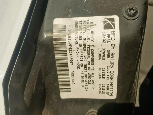 1G8AJ52F43Z133967 - 2003 SATURN ION LEVEL WHITE photo 10