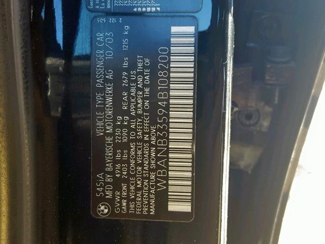 WBANB33594B108200 - 2004 BMW 545 I BLACK photo 10