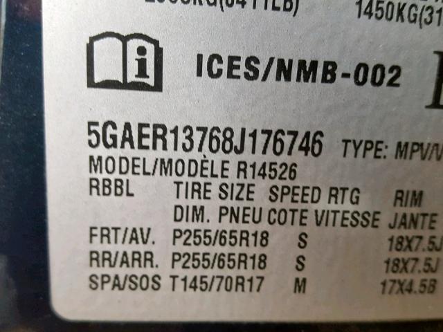 5GAER13768J176746 - 2008 BUICK ENCLAVE CX BLUE photo 10