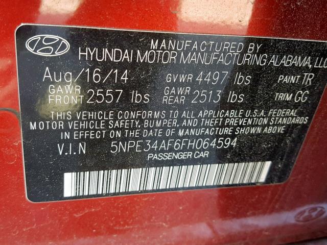 5NPE34AF6FH064594 - 2015 HYUNDAI SONATA SPO RED photo 10