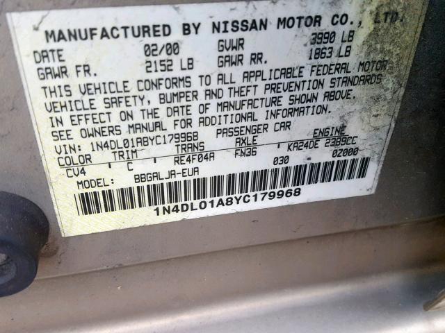 1N4DL01A8YC179968 - 2000 NISSAN ALTIMA XE TAN photo 10