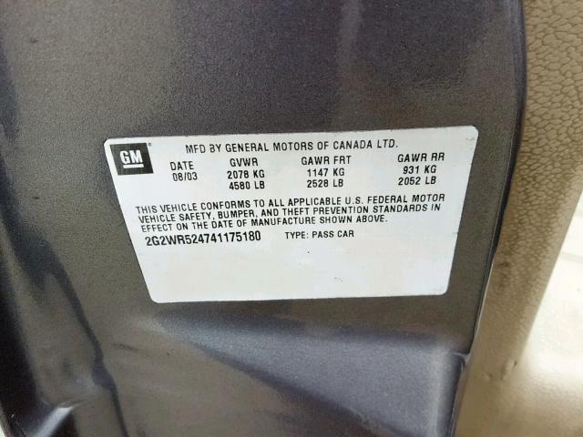 2G2WR524741175180 - 2004 PONTIAC GRAND PRIX GRAY photo 10