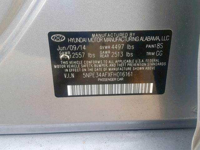 5NPE34AFXFH016161 - 2015 HYUNDAI SONATA SPO SILVER photo 10