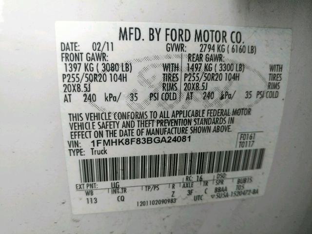 1FMHK8F83BGA24081 - 2011 FORD EXPLORER L WHITE photo 10