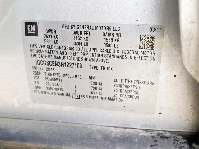 1GCGSCEN3H1227106 - 2017 CHEVROLET COLORADO L SILVER photo 10