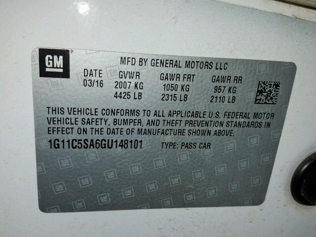 1G11C5SA6GU148101 - 2016 CHEVROLET MALIBU LIM 白色 照片 10