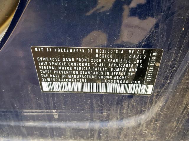 3VW1K7AJ4CM427355 - 2012 VOLKSWAGEN JETTA BASE 蓝色 照片 10