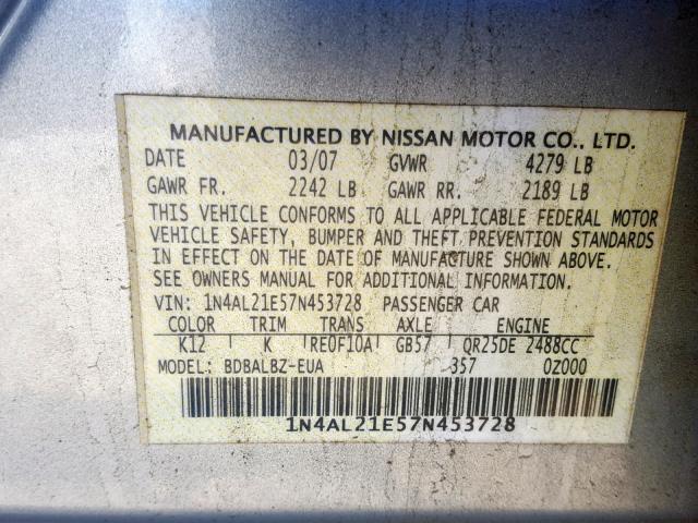 1N4AL21E57N453728 - 2007 NISSAN ALTIMA 2.5 TAN photo 10