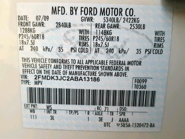 2FMDK3JC2ABA13186 - 2010 FORD EDGE SEL WHITE photo 10