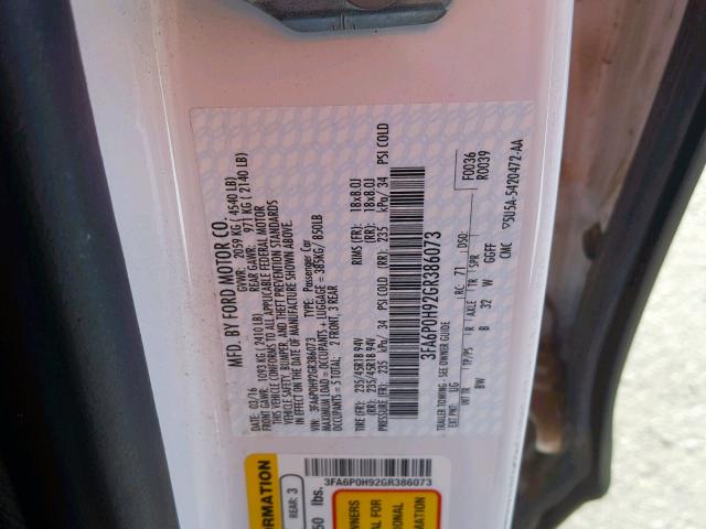 3FA6P0H92GR386073 - 2016 FORD FUSION SE WHITE photo 10