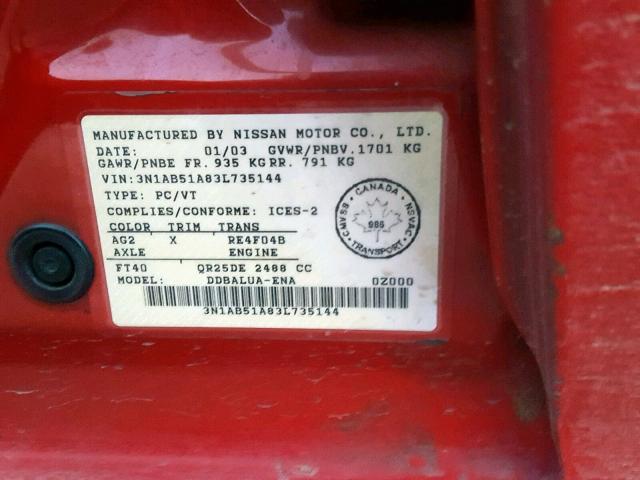 3N1AB51A83L735144 - 2003 NISSAN SENTRA SE- RED photo 10