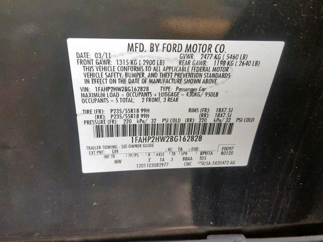 1FAHP2HW2BG162828 - 2011 FORD TAURUS SEL BLACK photo 10