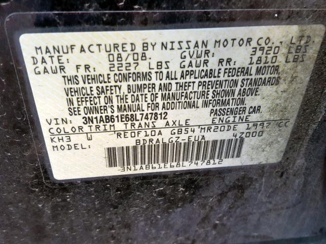 3N1AB61E68L747812 - 2008 NISSAN SENTRA 2.0 BLACK photo 10