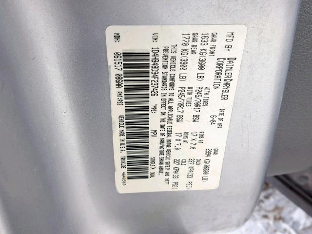 1D4HB48D94F237426 - 2004 DODGE DURANGO SL SILVER photo 10