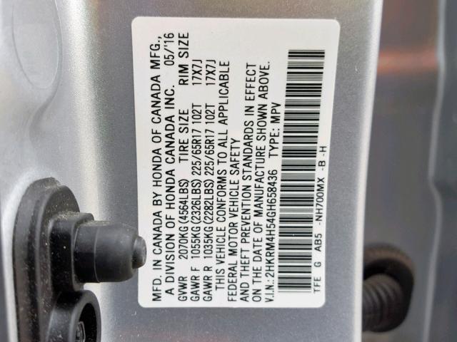 2HKRM4H54GH658436 - 2016 HONDA CR-V EX SILVER photo 10