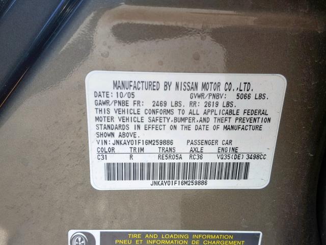 JNKAY01F16M259886 - 2006 INFINITI M35 BASE SILVER photo 10