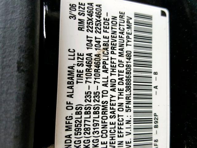 5FNRL38886B081480 - 2006 HONDA ODYSSEY TO BLACK photo 10