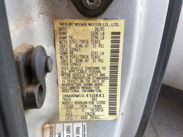 1N6AD06W55C450881 - 2005 NISSAN FRONTIER K SILVER photo 10