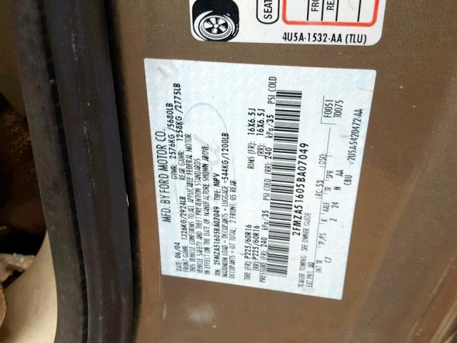 2FMZA51605BA07049 - 2005 FORD FREESTAR S TAN photo 10