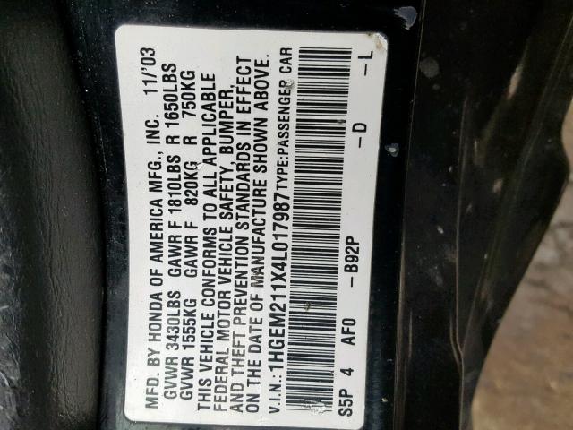 1HGEM211X4L017987 - 2004 HONDA CIVIC DX V BLACK photo 10