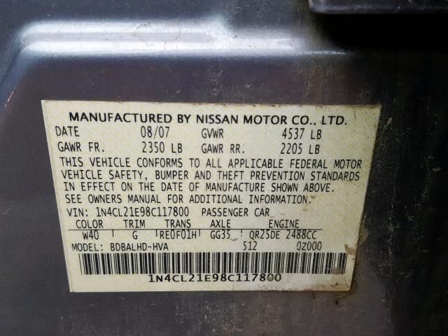 1N4CL21E98C117800 - 2008 NISSAN ALTIMA HYB GRAY photo 10