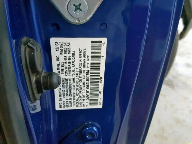 5J6YH18584L000764 - 2004 HONDA ELEMENT EX BLUE photo 10