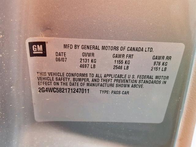 2G4WC582171247011 - 2007 BUICK LACROSSE C GRAY photo 10