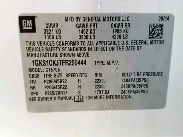 1GKS1CKJ7FR299444 - 2015 GMC YUKON DENA WHITE photo 10