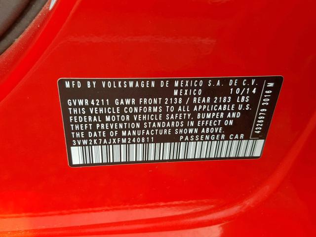 3VW2K7AJXFM240811 - 2015 VOLKSWAGEN JETTA BASE RED photo 10
