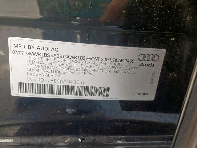 WAUDF78E48A043512 - 2008 AUDI A4 2.0T QU BLACK photo 10