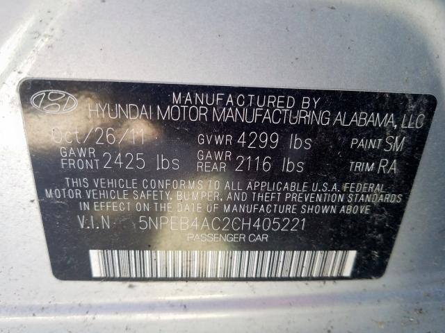 5NPEB4AC2CH405221 - 2012 HYUNDAI SONATA GLS SILVER photo 10