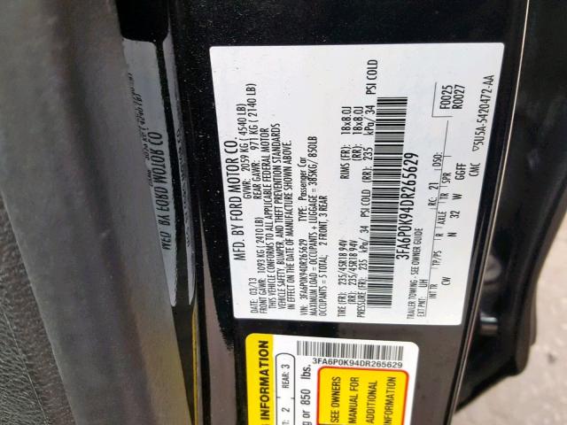 3FA6P0K94DR265629 - 2013 FORD FUSION TIT CHARCOAL photo 10