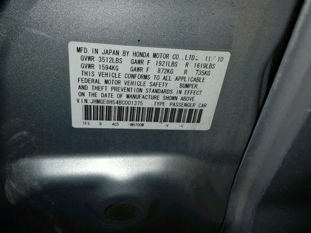 JHMGE8H54BC001375 - 2011 HONDA FIT SPORT SILVER photo 10