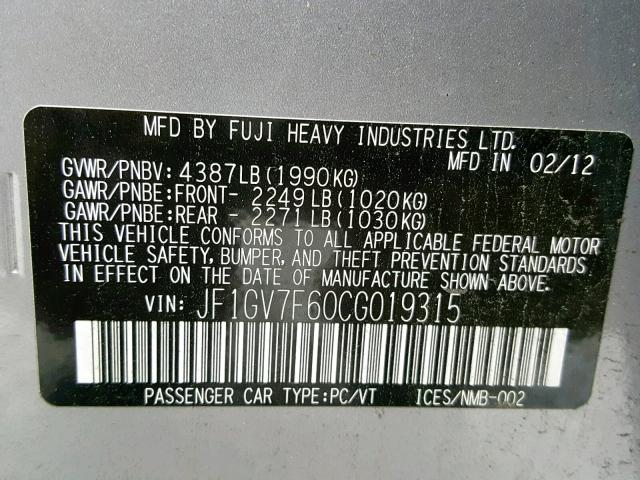 JF1GV7F60CG019315 - 2012 SUBARU IMPREZA WR SILVER photo 10