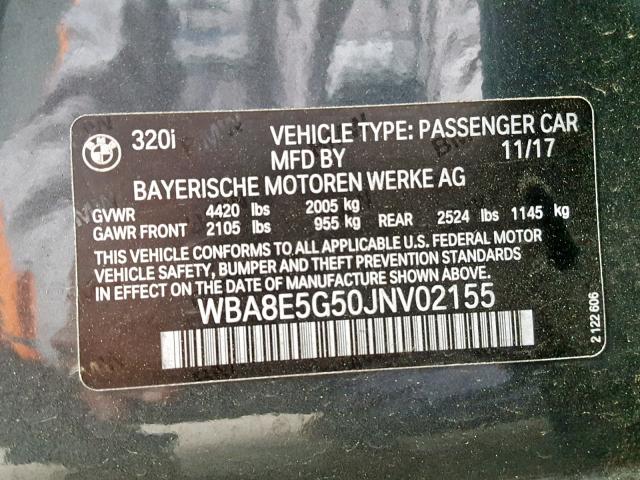 WBA8E5G50JNV02155 - 2018 BMW 320 XI CHARCOAL photo 10