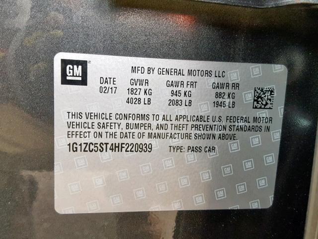 1G1ZC5ST4HF220939 - 2017 CHEVROLET MALIBU LS გრაფიტი ფოტო 10