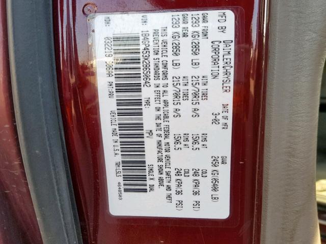 1B4GP453X2B650642 - 2002 DODGE CARAVAN SP RED photo 10