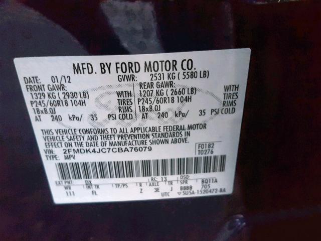 2FMDK4JC7CBA76079 - 2012 FORD EDGE SEL BLUE photo 10