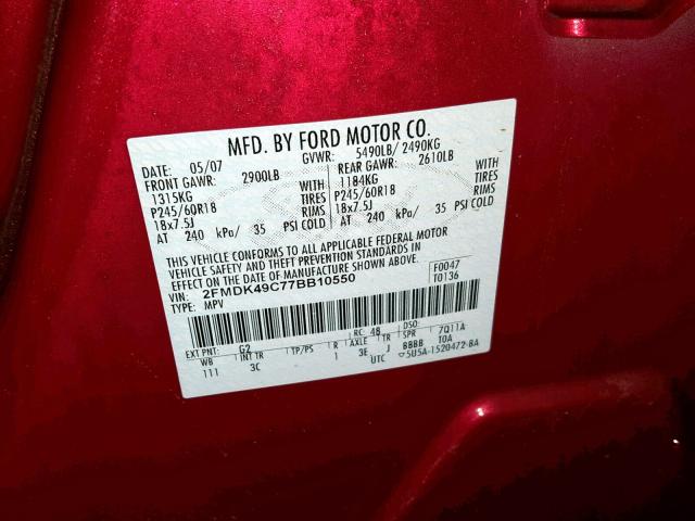 2FMDK49C77BB10550 - 2007 FORD EDGE SEL P RED photo 10