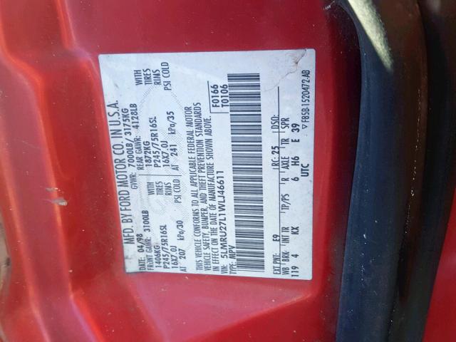 5LMRU27L1WLJ46611 - 1998 LINCOLN NAVIGATOR Қызыл фото 10