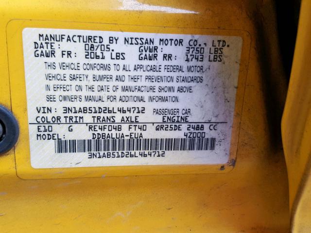 3N1AB51D26L464712 - 2006 NISSAN SENTRA SE- YELLOW photo 10