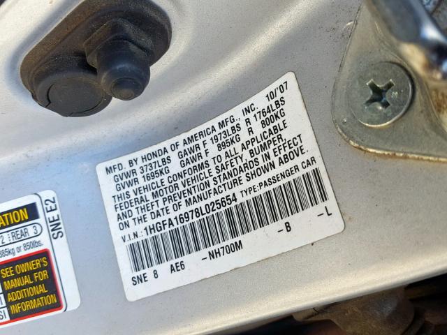 1HGFA16978L025654 - 2008 HONDA CIVIC EXL GRAY photo 10