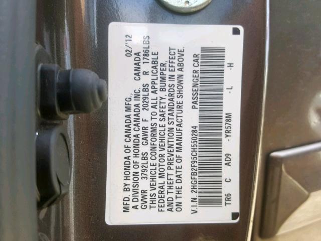 2HGFB2F95CH550284 - 2012 HONDA CIVIC EXL GRAY photo 10