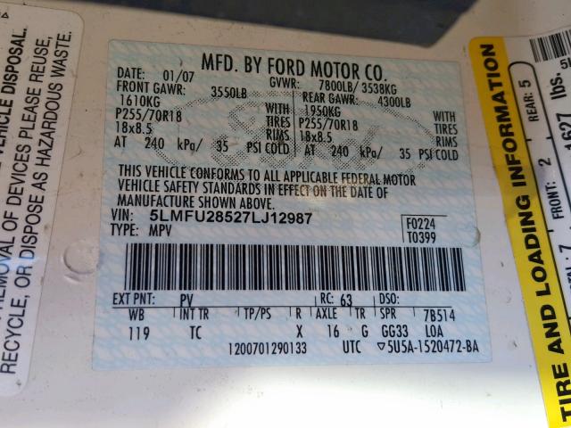 5LMFU28527LJ12987 - 2007 LINCOLN NAVIGATOR 白色 照片 10