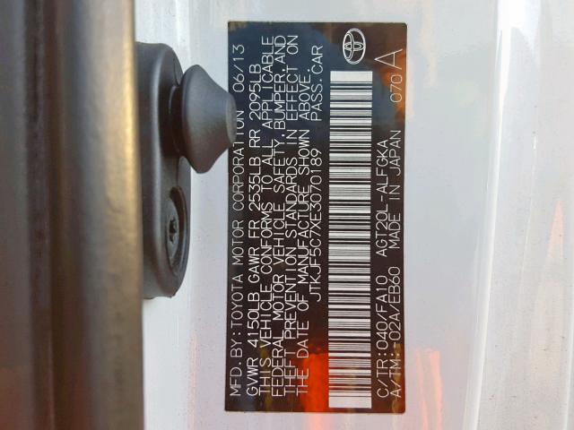 JTKJF5C7XE3070189 - 2014 TOYOTA SCION TC 白色 照片 10